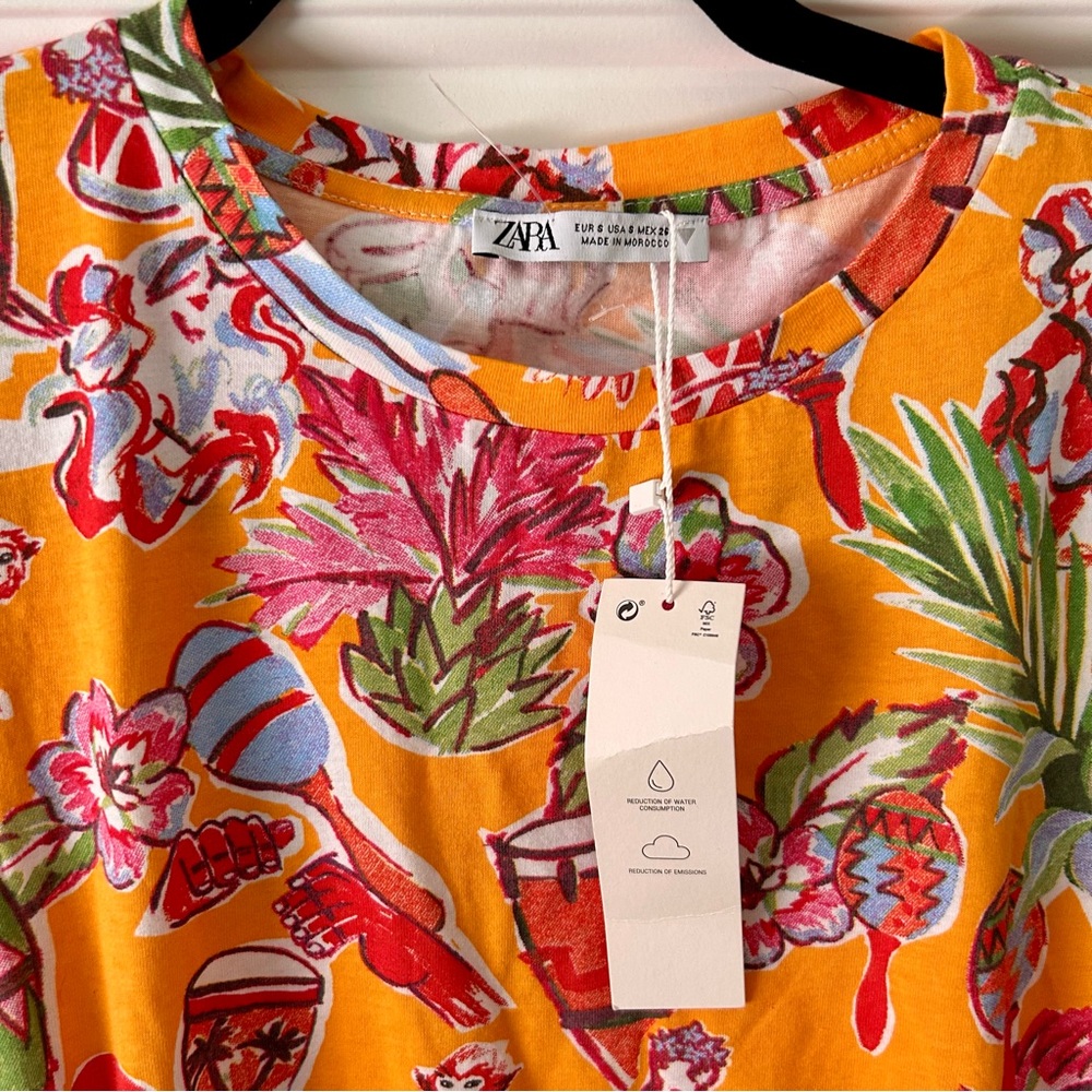 Zara Cut Out Tropical Floral Printed Summer Jersey T-Shirt Mini Dress NWT Small - Picture 4 of 12